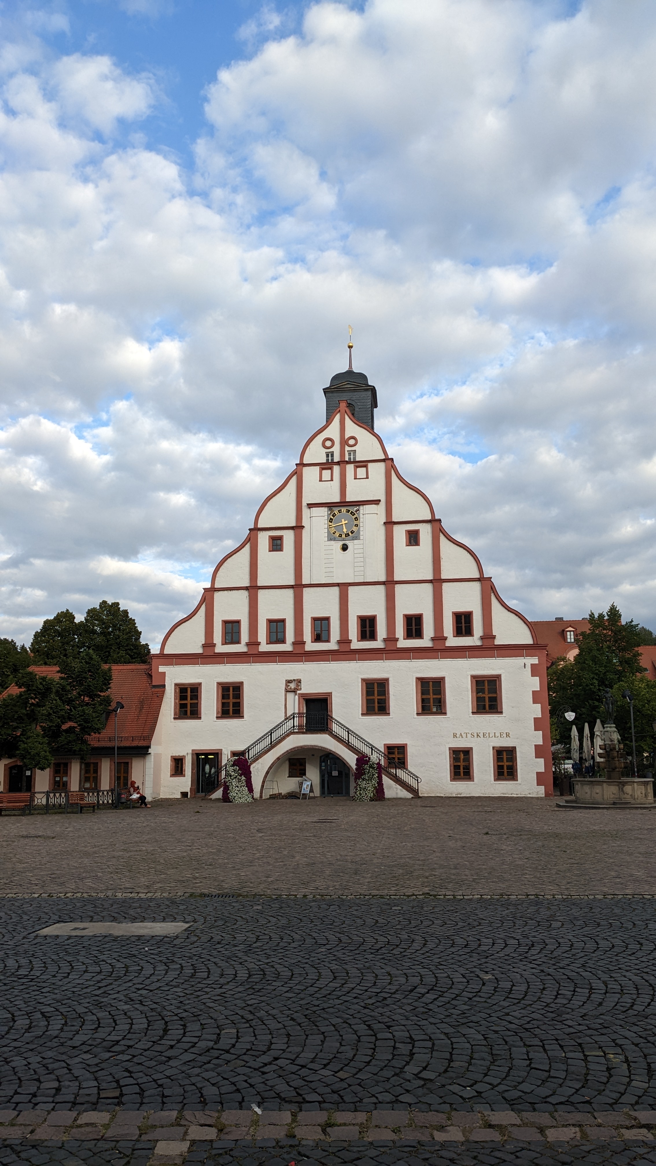 Das Rathaus in Grimma mit leichter Bewölkung